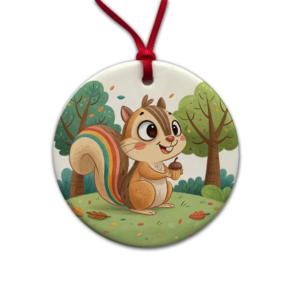 Chipmunk Children's Illustration Style Christmas Tree Holiday Round Ceramic Ornament