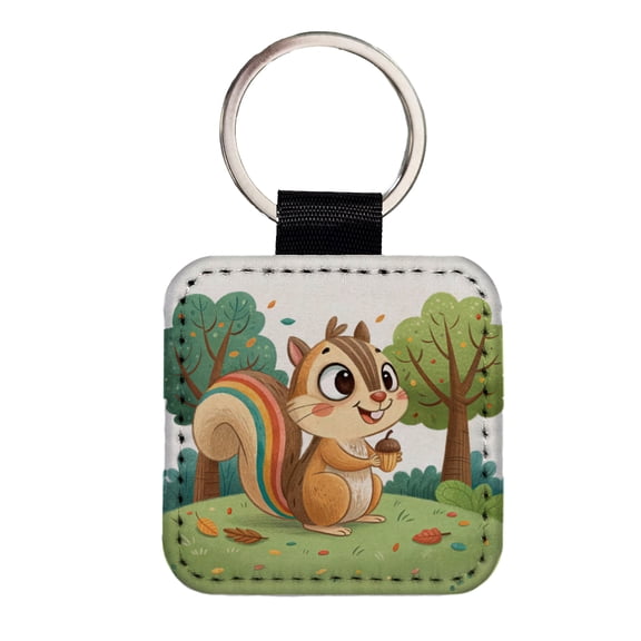 Chipmunk Children's Illustration Style Faux Leather Square Keychain