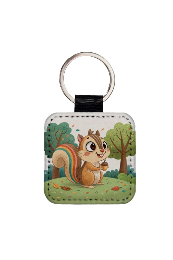 Chipmunk Children's Illustration Style Faux Leather Square Keychain