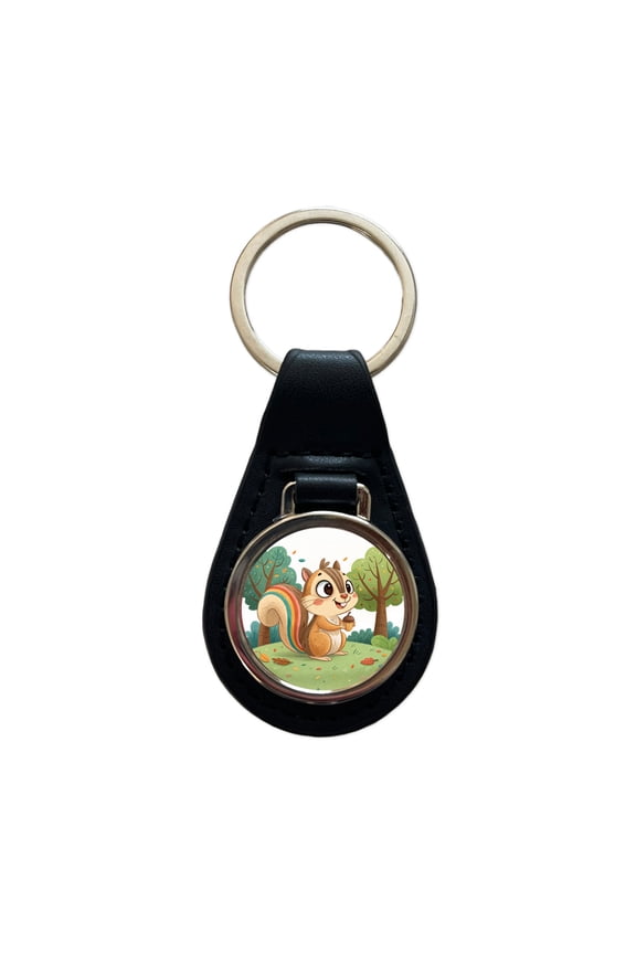 Chipmunk Children's Illustration Style Metal Black Leather Keychain