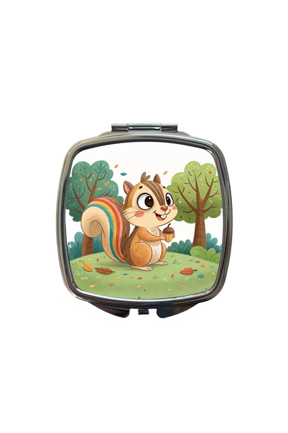 Chipmunk Children's Illustration Style Travel Makeup Handbag Purse Small Pocket Compact Mirror