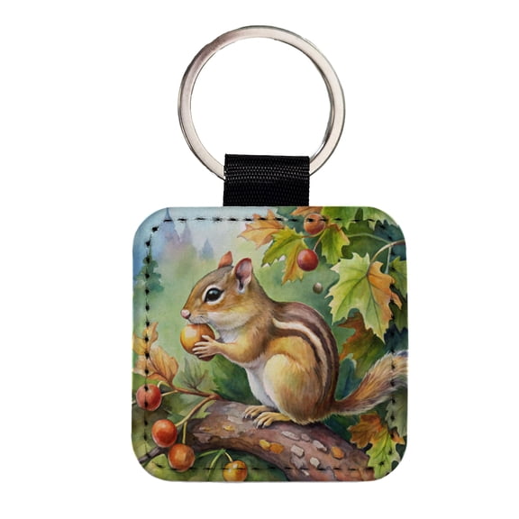 Chipmunk Eating Acorn In Tree Watercolor Faux Leather Square Keychain