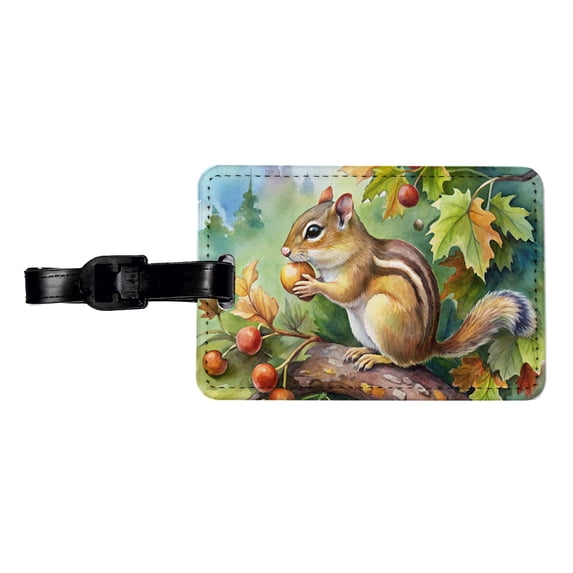 Chipmunk Eating Acorn In Tree Watercolor Faux Leather Travel Luggage Tag