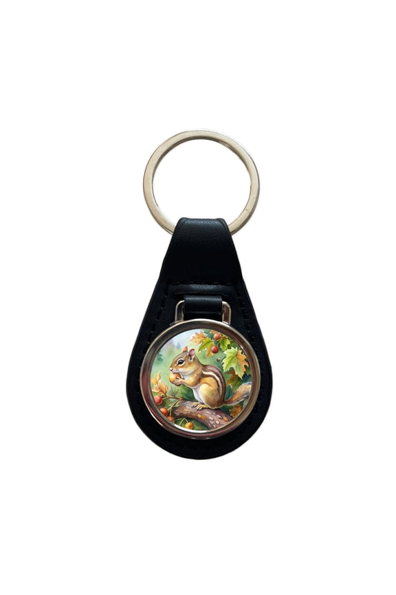 Chipmunk Eating Acorn In Tree Watercolor Metal Black Leather Keychain