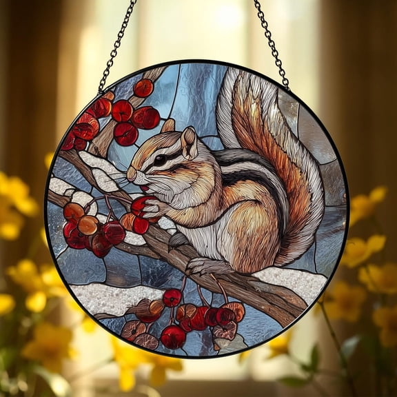 Chipmunk Glass Suncatcher v2, Woodland Animal Window Art, Rustic Cabin Nature, 7.9 in