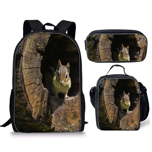 Chipmunk In The Tree Hole Backpacks Bookbag Bags Rucksack Lunch Bag Pen Bag Three-Piece Set
