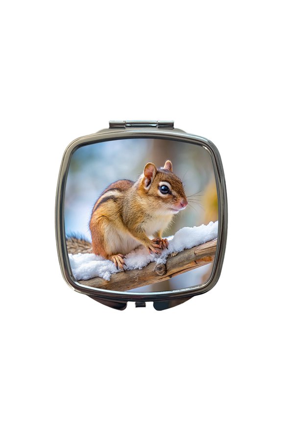 Chipmunk On Branch In Winter Travel Makeup Handbag Purse Small Pocket Compact Mirror