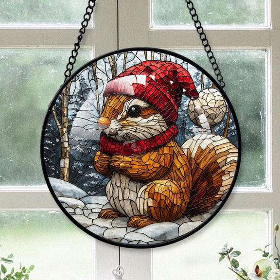 Chipmunk Ornament Christmas 2025, Chipmunk Stained Glass Window Panel Elegant Handmade Glass Artwork for Home Decoration