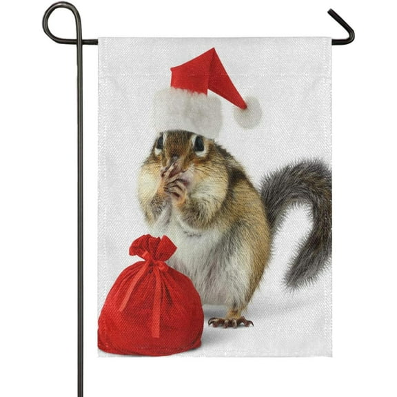 Chipmunk in Red Santa Claus Hat Gifts Burlap Garden Flag 12 x 18 Double Sided,Welcome Winter Christmas House Yard Flags,Rustic Outdoor Banner for X-mas Decorations
