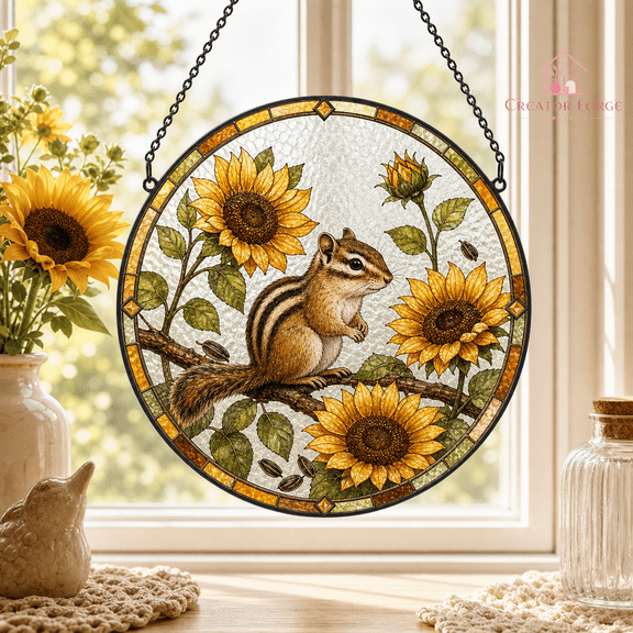 Chipmunk Stained Glass Suncatcher with Sunflowers, Round Window Hanging Gift