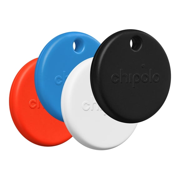 Chipolo POP Tracking Tag - Colorful, Compatible, Loud Bluetooth Tracker with Call Your Phone & Out of Range Alerts, Works with Apple Find My or Find Hub on Android - 4 Pack (Black/White/Red/Blue)