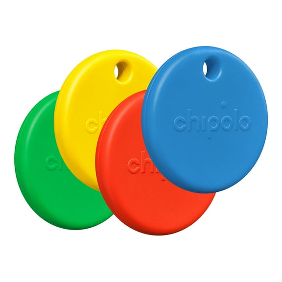 Chipolo POP Tracking Tag - Colorful, Compatible, Loud Bluetooth Tracker with Call Your Phone & Out of Range Alerts, Works with Apple Find My or Find Hub on Android - 4 Pack (Red/Blue/Yellow/Green)