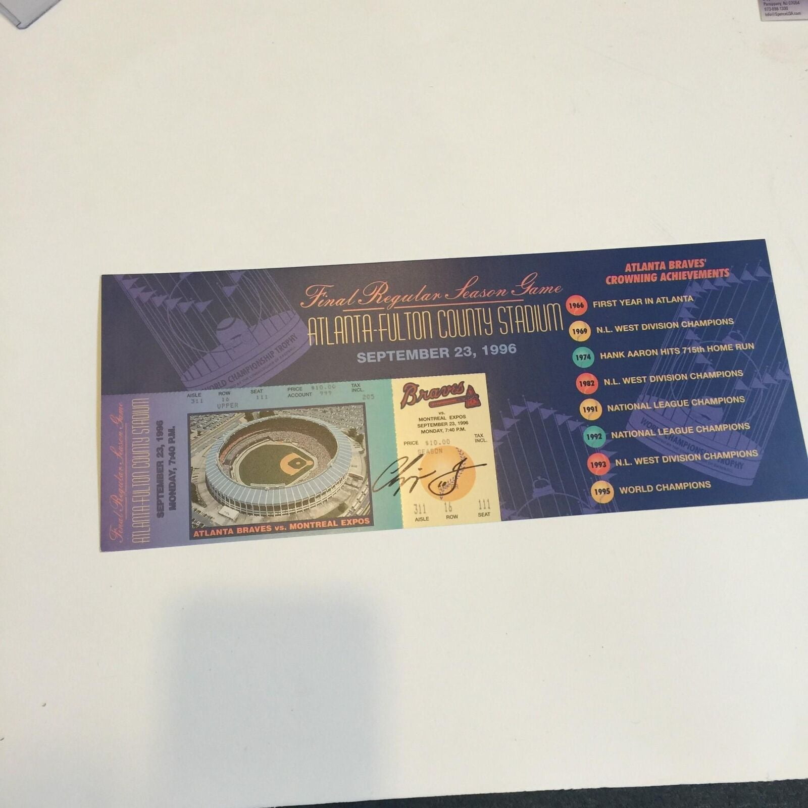 Chipper Jones Signed 1996 Braves Fulton County Stadium Final Game