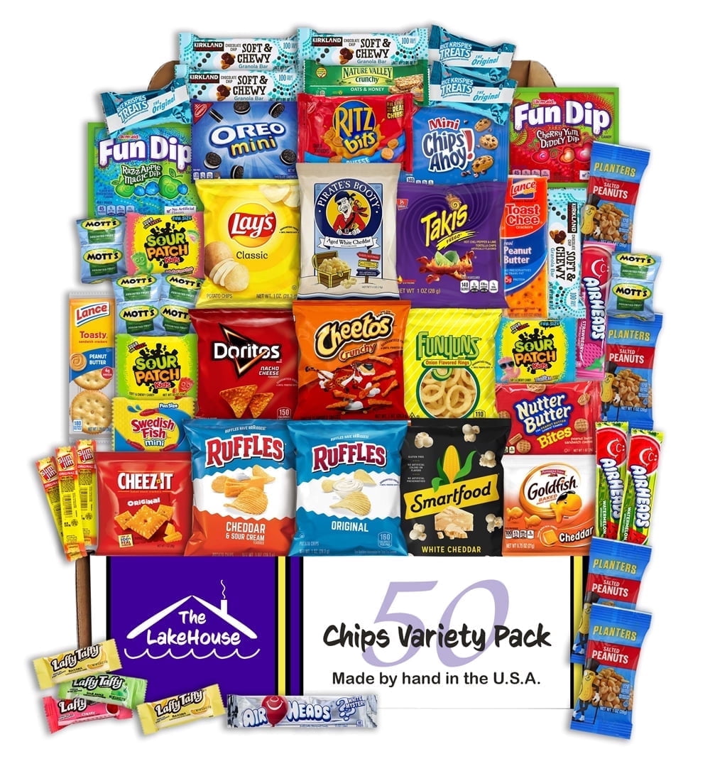 Chips Variety Pack 50 Count - Chips Cookies Candy Granola Bars - College Care Package Gift Basket - Snack Packs