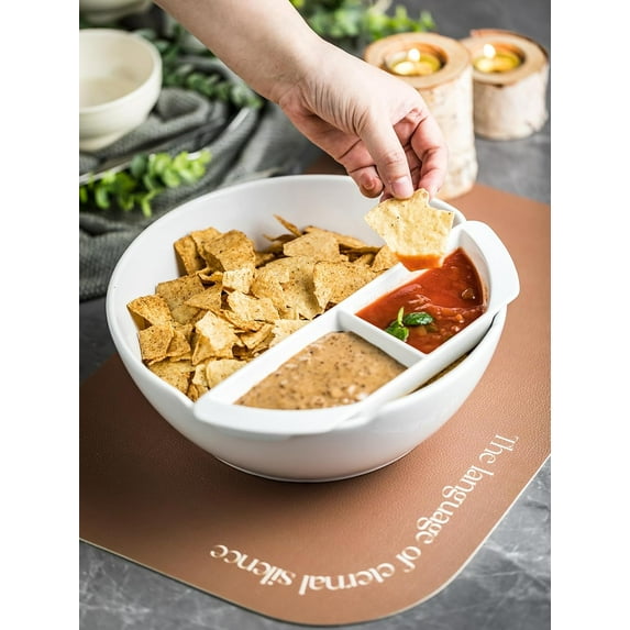Chips and Dip Serving Dish, White Porcelain Bowl with Dipping Tray, 2.5 Quart Large Salad Bowl for Entertaining