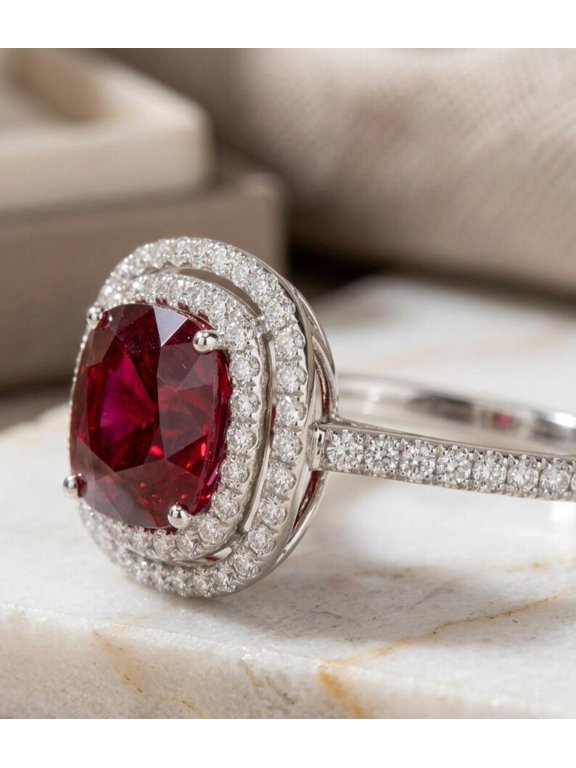 Cushion Cut Red Ruby Ring 5 Carat Sterling Silver