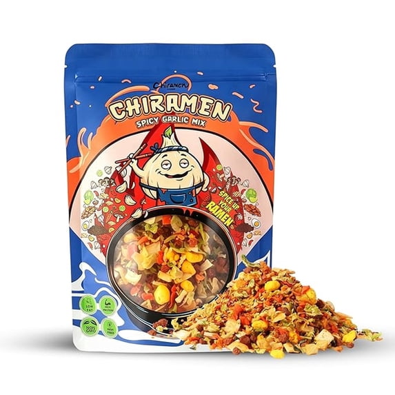 Chiramen Spicy Garlic Ramen Toppings Mix, Dried Vegetables, Fried Garlic, Egg Bits, Plant-Based Beef Cubes & Shiitake Mushrooms