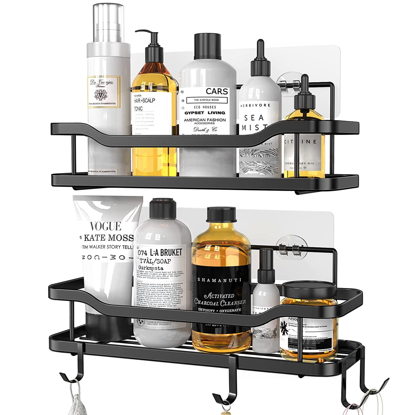 Chirano Iron Shower Caddy Bathroom Shelf with Hooks, Shower Basket Organizer, No Drilling Traceless Adhesive Storage Rack Rustproof Wall Mounted for Bathroom, Toilet, Kitchen - 2 Pack, Black