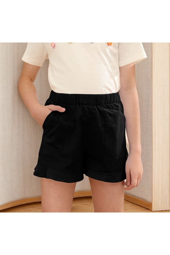 Chirldren's Summer Solid Color And Linen Side Split Button Shorts 3-13Y Sweat Shorts Elastic Waisted Wide Leg Baggy Running Lounge Shorts Black 150