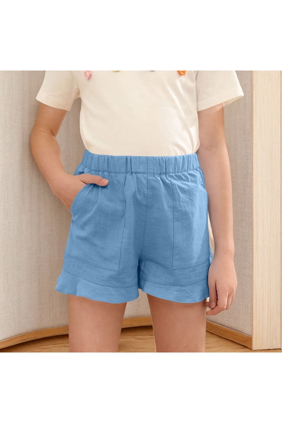 Chirldren's Wide Leg Baggy Running Lounge Shorts Summer Sweat Solid Color Elastic Waisted Linen Side Split Button Shorts Light Blue 150