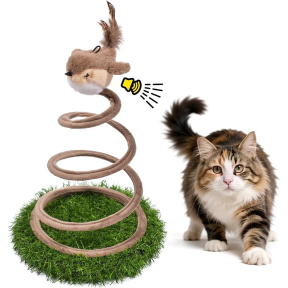Chirping Bird with Grass Base - Interactive Motion Activated Bird Sound Teaser for Indoor Cats, Fluttering Kitten