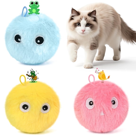 Chirping Cat Toy Balls, 3 Pack | Upgraded Plush Interactive Toy Balls, 3 Realistic Animal Sounds, Battery-Powered Motion Activated, Suitable for Indoor Kittens and Adult Cats Exercise Toy.