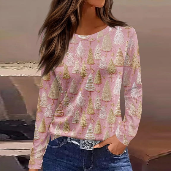 Chirstmas Crew Neck Long Sleeve Shirts for Women Cute Xmas Print Tops for Women Chirstmas Holiday Basic Tees