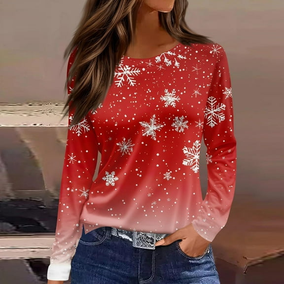 Chirstmas Crew Neck Long Sleeve Shirts for Women Cute Xmas Print Tops for Women Chirstmas Holiday Basic Tees