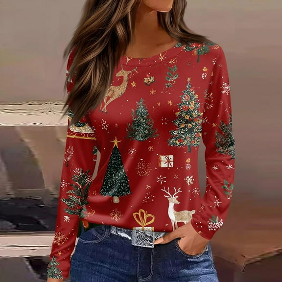 Chirstmas Crew Neck Long Sleeve Shirts for Women Cute Xmas Print Tops for Women Chirstmas Holiday Basic Tees