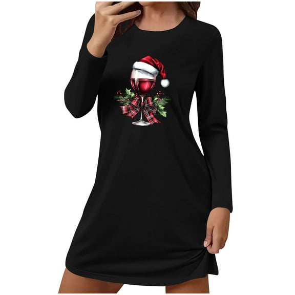 Chirstmas Pajamas Dress for Women Long Sleeve Crewneck Holiday Home Pjs Skirt Black-3 M