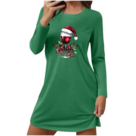 Chirstmas Pajamas Dress for Women Long Sleeve Crewneck Holiday Home Pjs Skirt Green-3 L