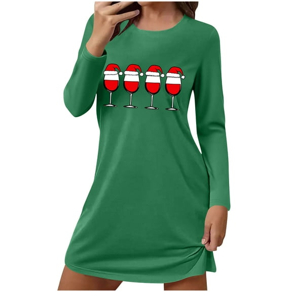 Chirstmas Pajamas Dress for Women Long Sleeve Crewneck Holiday Home Pjs Skirt Green M