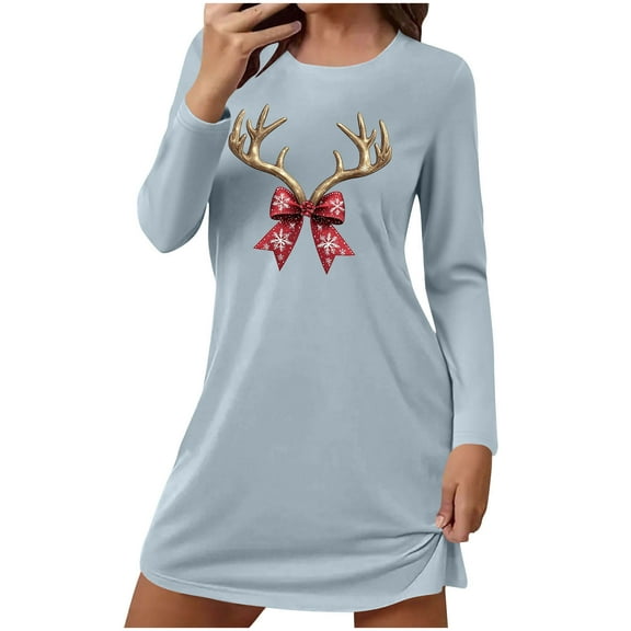 Chirstmas Pajamas Dress for Women Long Sleeve Crewneck Holiday Home Pjs Skirt Light Blue-1 S