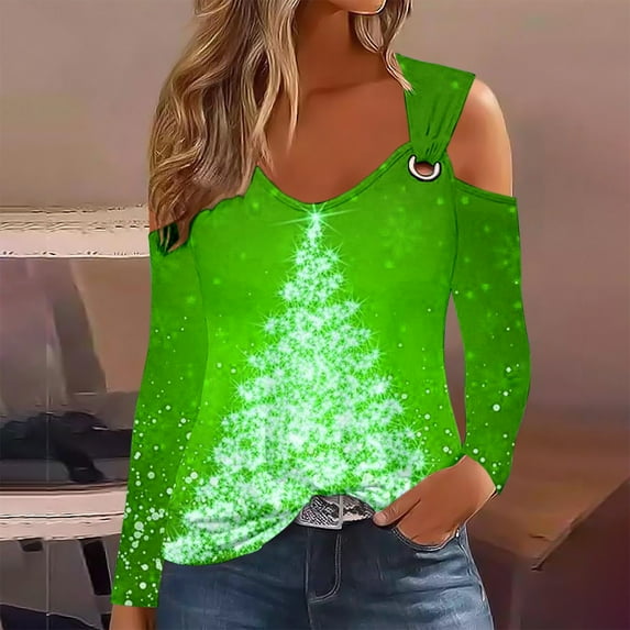 Chirstmas V Neck Long Sleeve Shirts for Women Xmas Print Twist Knot Cold Shoulder Tops Chirstmas Holiday Basic Tees