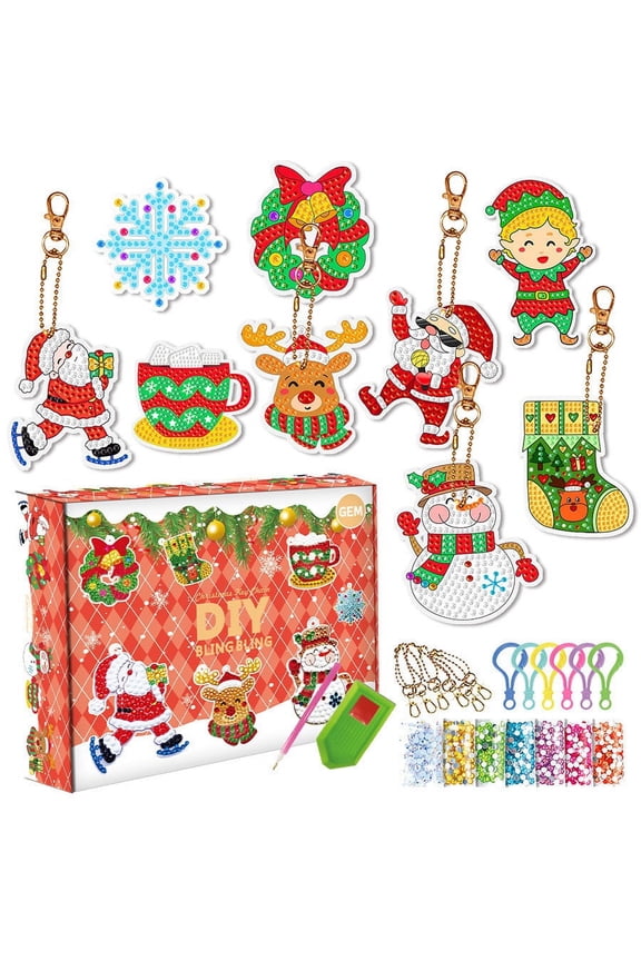 Chirstmas Vintage Diamond Painting Keychains, Diamond Key Chain Kit DIY Diamond Art Vintage Santa Claus Reindeer Snowman Keychain Ornament for Christmas Rustic Country Vintage Decor