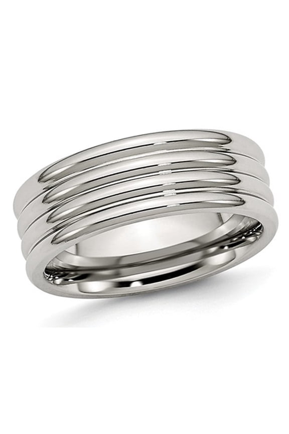 Gem & Harmony Chisel 8mm Stainless Steel Grooved Comfort Fit Wedding Band Ring for Men