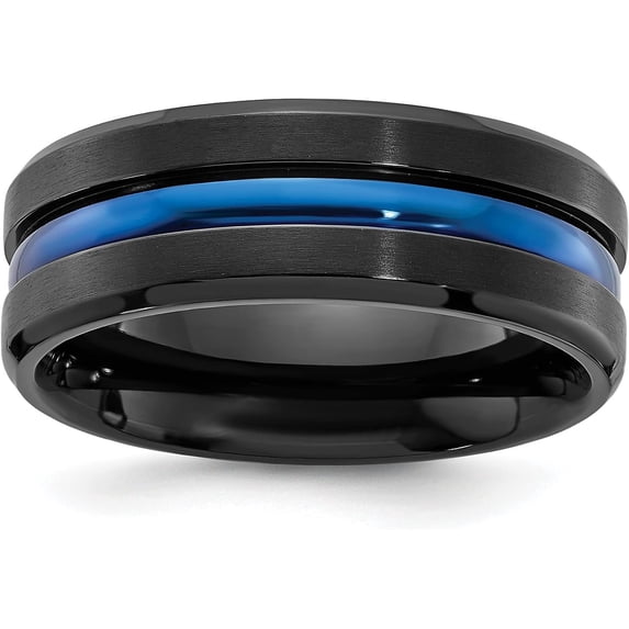 Chisel Black Titanium Brushed with Polished Blue IP-plated Center 8.2mm Band - Ring Size 8.5