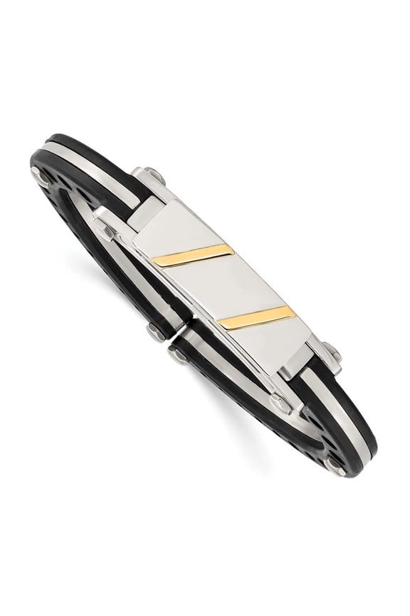 Chisel Stainless Steel Polished with Black PVC and 14k Gold Inlay Hinged Bangle