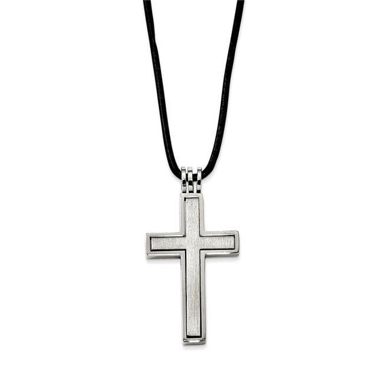 Chisel  Stainless Steel Brushed and Polished 2 Piece Movable Cross Pendant on an 18 inch Leather Cord Necklace