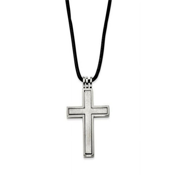 Chisel Stainless Steel Brushed and Polished 2 Piece Movable Cross Pendant on an 18 inch Leather Cord Necklace