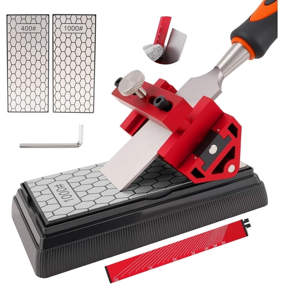 Chisel Sharpening Kit with Honing Guide & 400/1000 Grit Diamond Stone, Woodworking Sharpening Jig for Chisels & Plane Blades, Angle Guide, Non-Slip Base & Bag