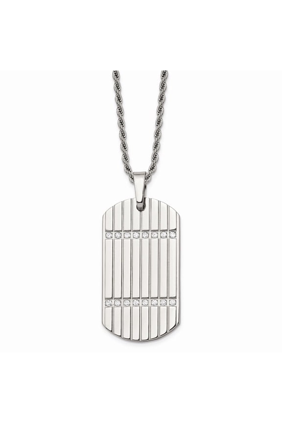 Stainless Steel 24in Polished & Textured w/CZs Dog Tag Necklace