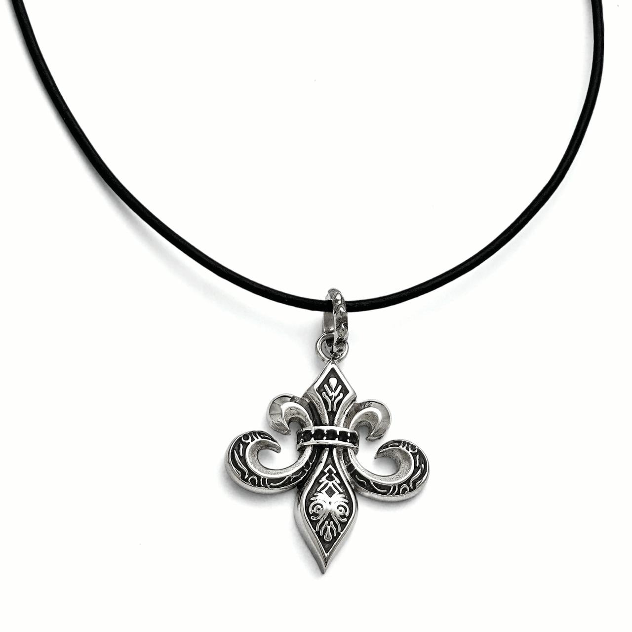 Chisel  Stainless Steel Antiqued and Polished Fleur de lis Pendant on a 20 inch Leather Cord Necklace