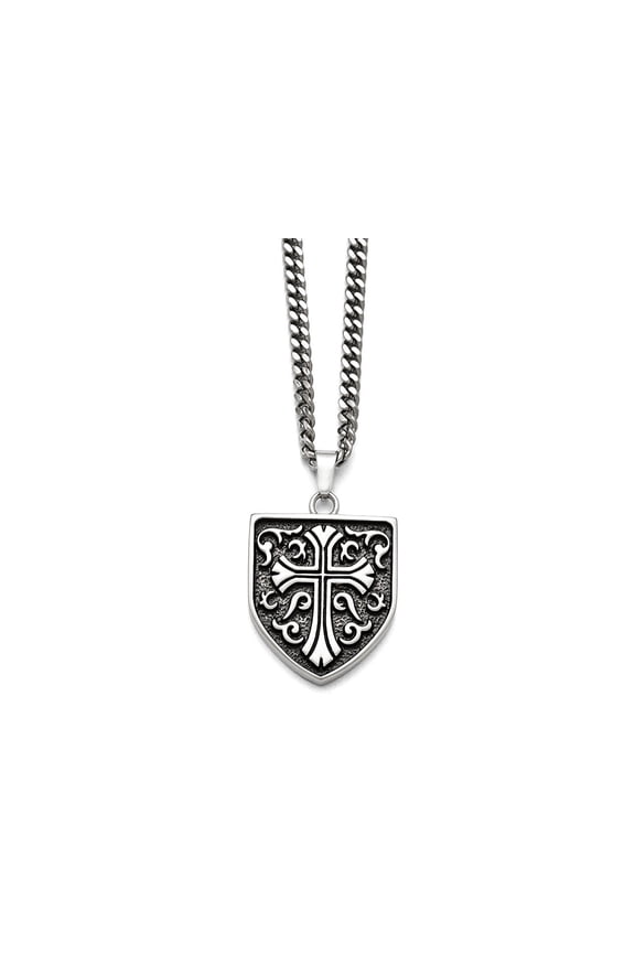 Chisel Stainless Steel Antiqued Cross Shield Pendant Necklace