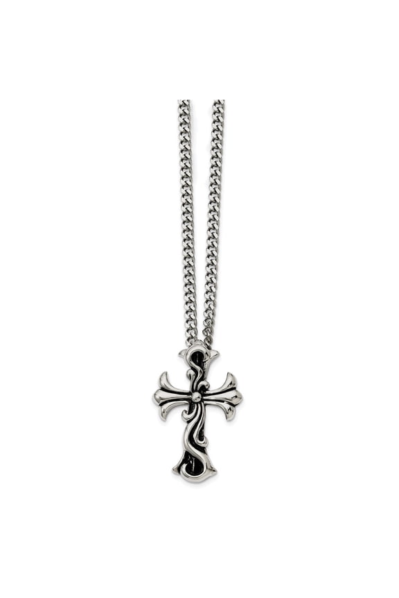 Stainless Steel Antiqued Fancy Scroll Cross Pendant Necklace