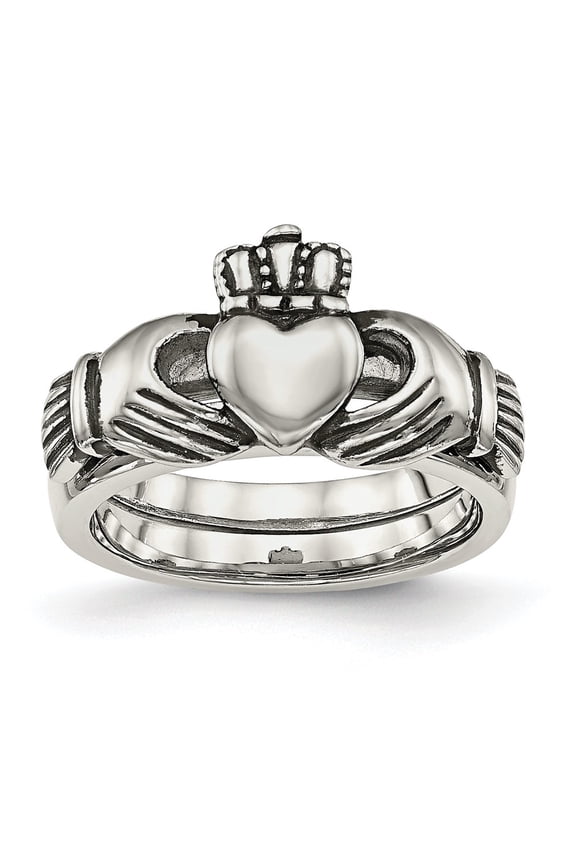 Chisel Stainless Steel Antiqued Love, Loyalty, Friendship Claddagh Hinged Ring
