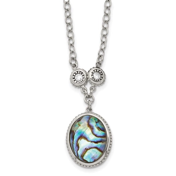 Chisel Stainless Steel Antiqued & Polished Imit. Abalone/CZ w/1.5in ext Necklace