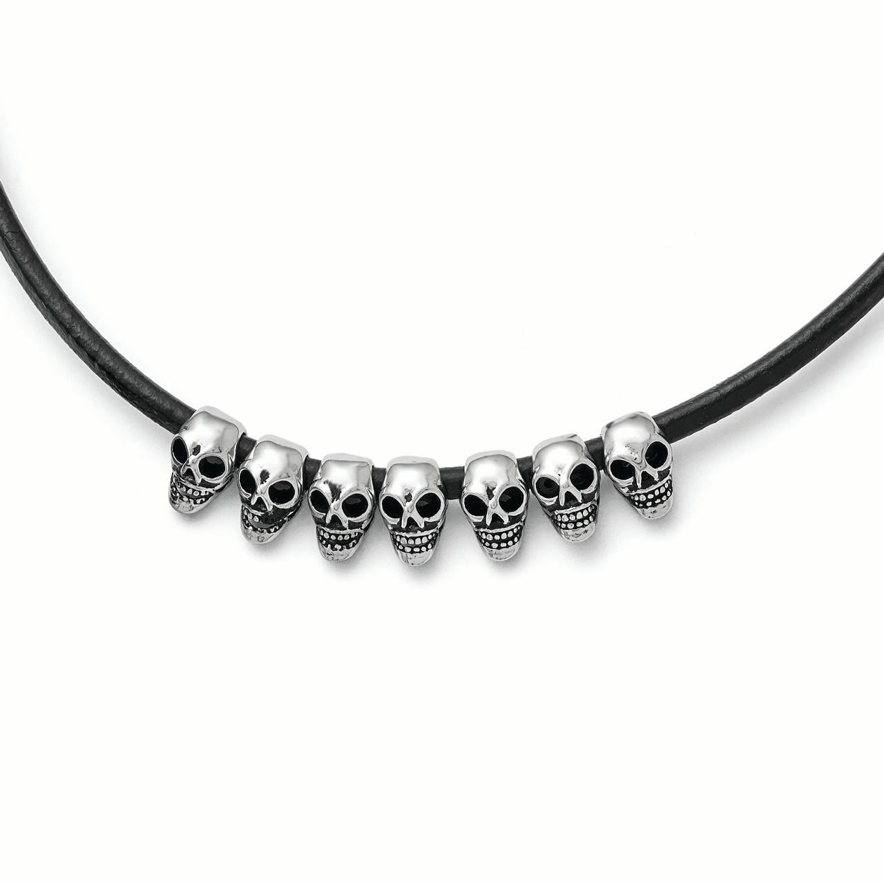 Chisel Stainless Steel Antiqued/Polished Skulls 18in Black Leather Cord Necklace