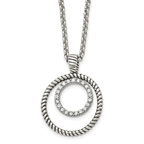 Chisel Stainless Steel Antiqued Polished & Textured w/CZ Circle 18in Necklace