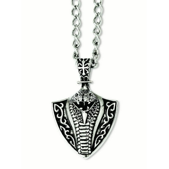 Chisel Stainless Steel Antiqued Polished and Textured Snake on Shield Pendant on a 30 inch Curb Chain Necklace